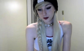 Petite Blonde Shemale Caresses Her Long Shaft On Webcam