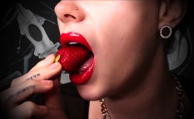 Milf Mistress With Red Lipstick Bites Into Strawberries